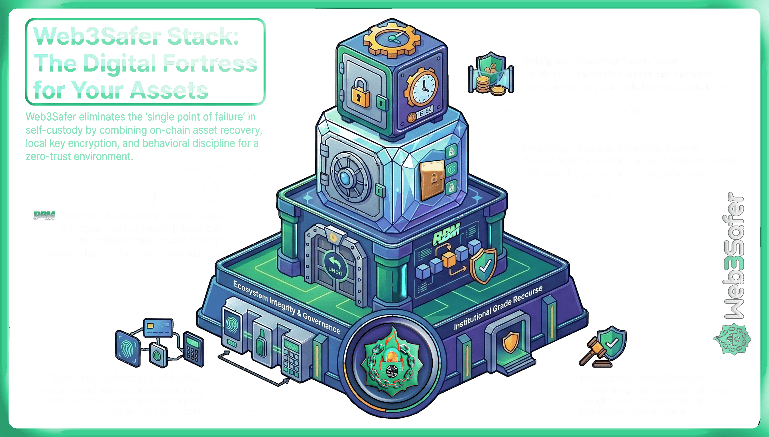 Web3Safer stack: SafeSpend execution safety, LockerApp key storage, and RBM protocol recovery layer